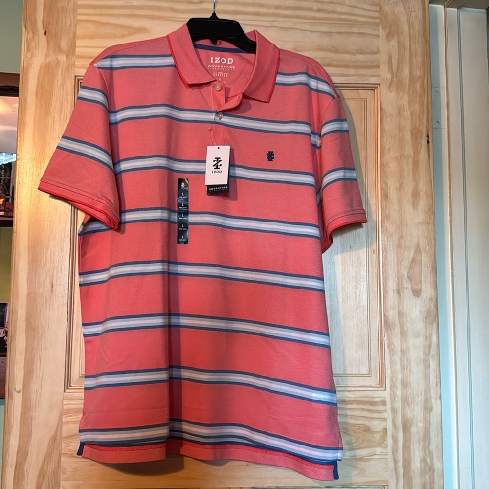 Izod Coral Polo with Blue and White Stripes XL